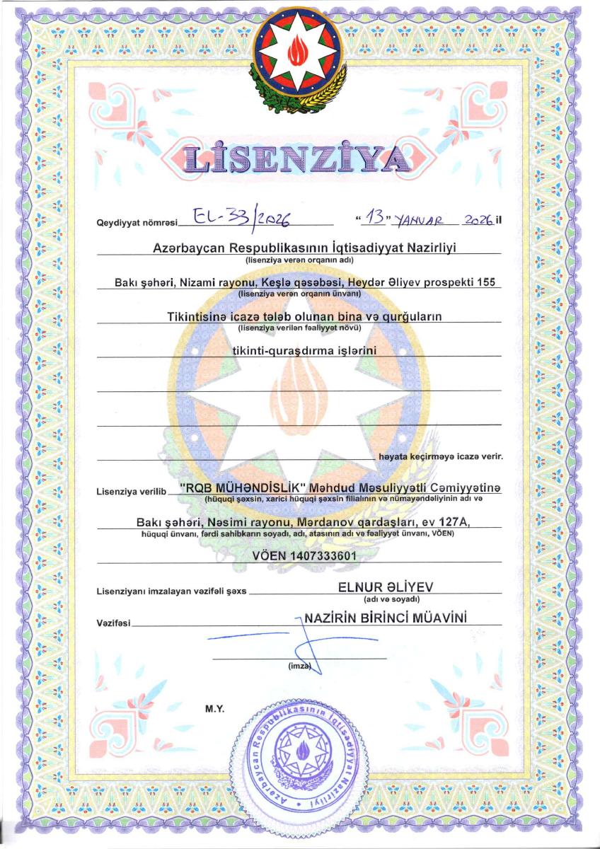 RQB Mühəndislik MMC-nin EL-33/2026 nömrəli tikinti-quraşdırma lisenziyası